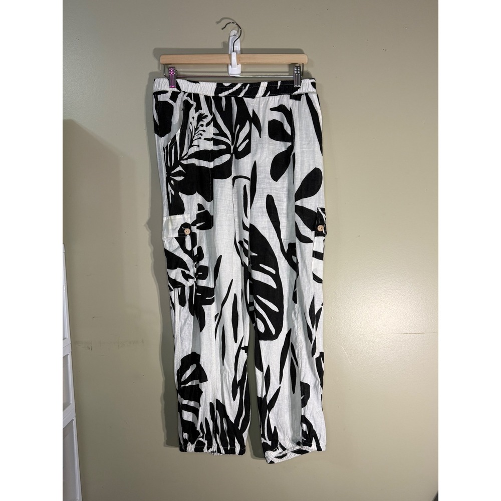 Rachel Zoe Linen Blend Tropical Print Cargo Jogger Pants Black White Large
